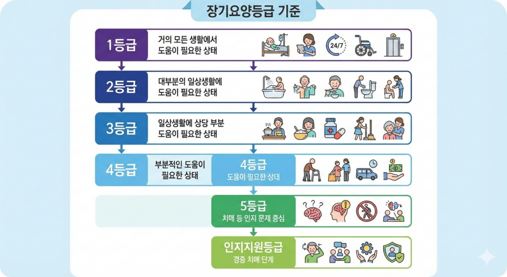 장기요양등급 기준 6단계 인포그래픽