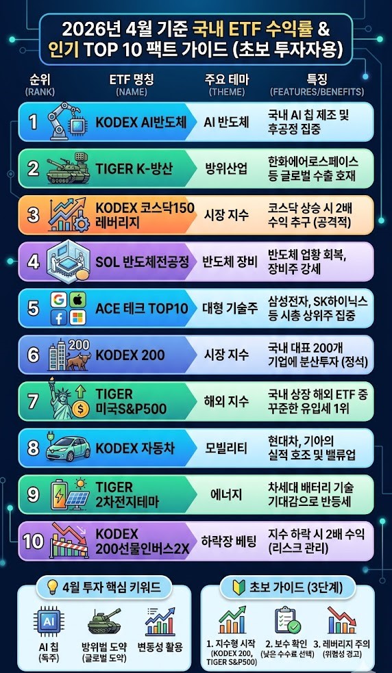 2026년 4월 국내 ETF 수익률 및 인기 TOP 10 인포그래픽