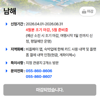 남해 반값여행 4월분 마감 화면